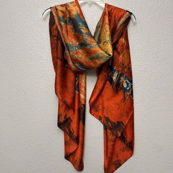 Watercolor Landscape Print Tangerine & Navy Scarf NWT - Picture 1 of 5